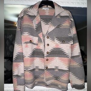 Southwestern Pattern Button-Front Shacket in Gray and Pink Large
